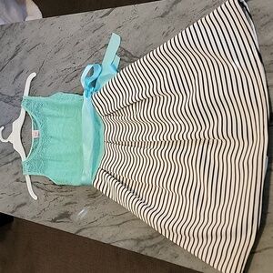 JUST KIDS Girls Sleeveless Spring Dress Mint Green Lace w/B&W Stripes sz 14